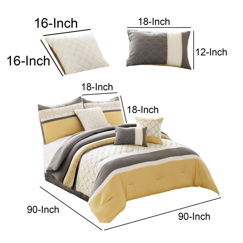 Quatrefoil Print Queen Size 7 Piece Fabric Comforter Set, Yellow and Gray - View 5