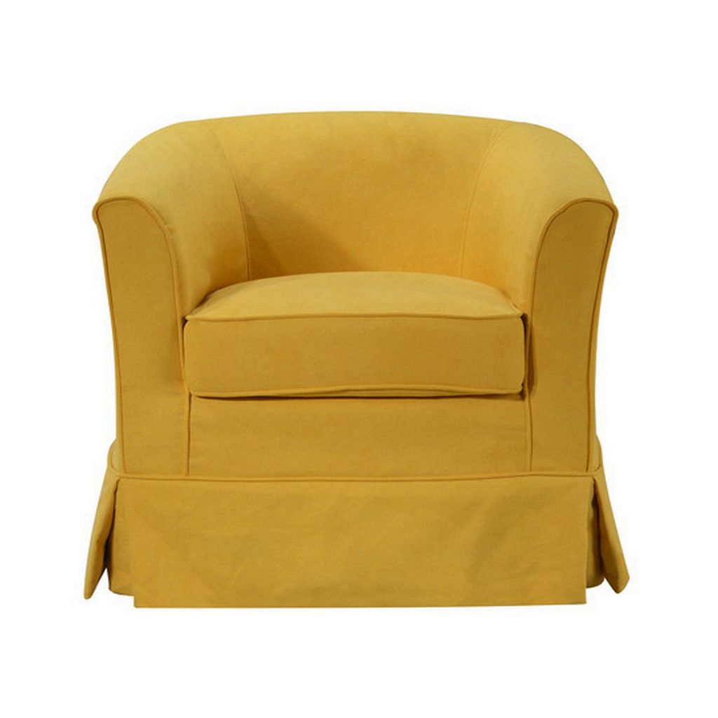 Lex 28 Inch Swivel Accent Chair, Yellow Fabric, Curved Track Back, Skirted - View 2