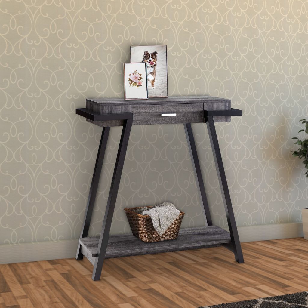 Wooden Console Table with Angled Leg Support and Drawer,Black and Gray - View 6