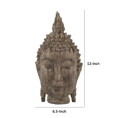 12 Inch Buddha Head Sculpture, Calming Accent Decoration, Polyresin, Brown - View 5