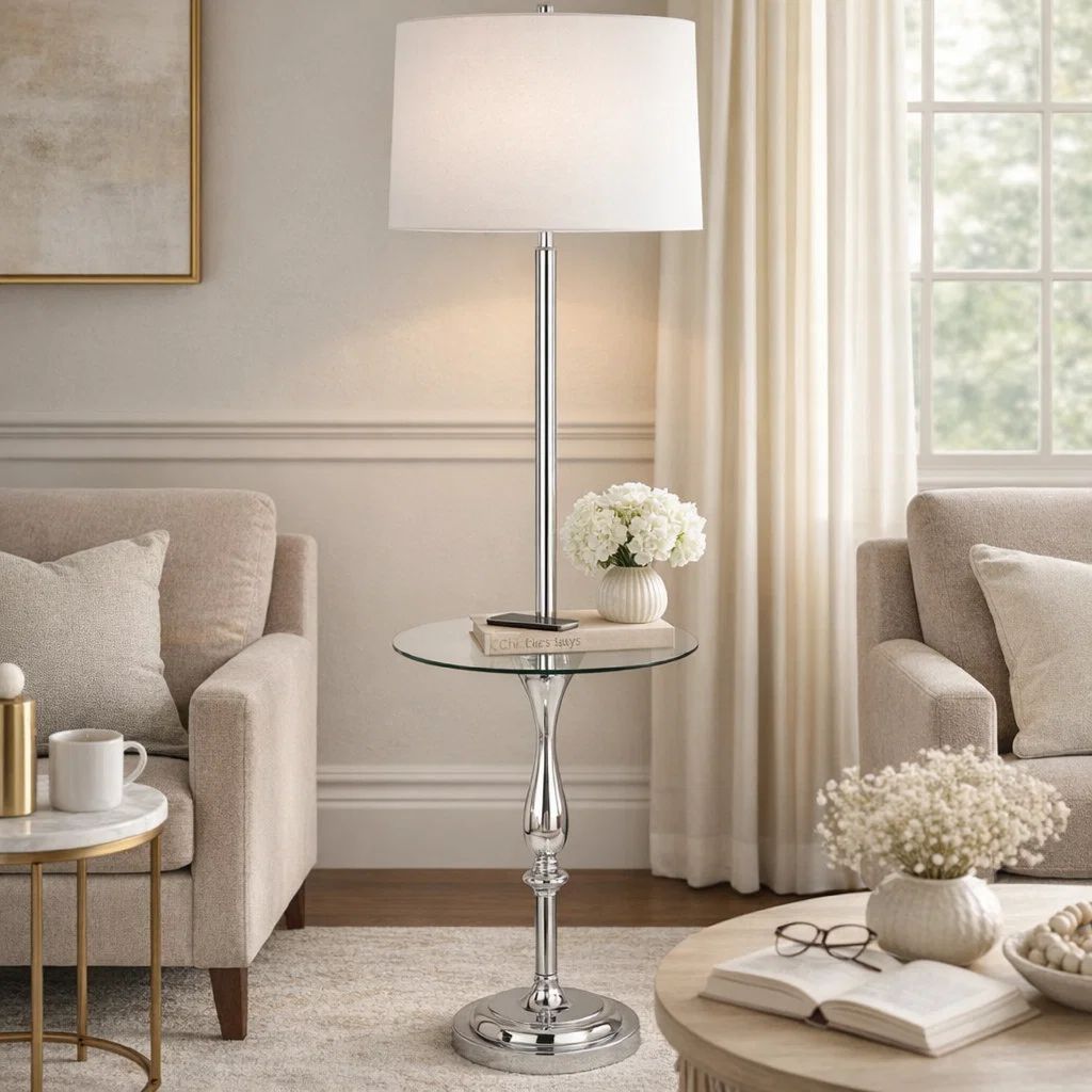 Ava 61 Inch Modern Floor Lamp, Glass Tray Table, 1 USB Port, Glossy, Chrome - View 7