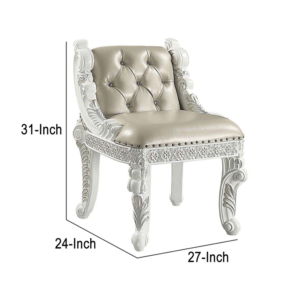 Vanity Stool with Nailhead Trim and Queen Anne Legs, White - View 6