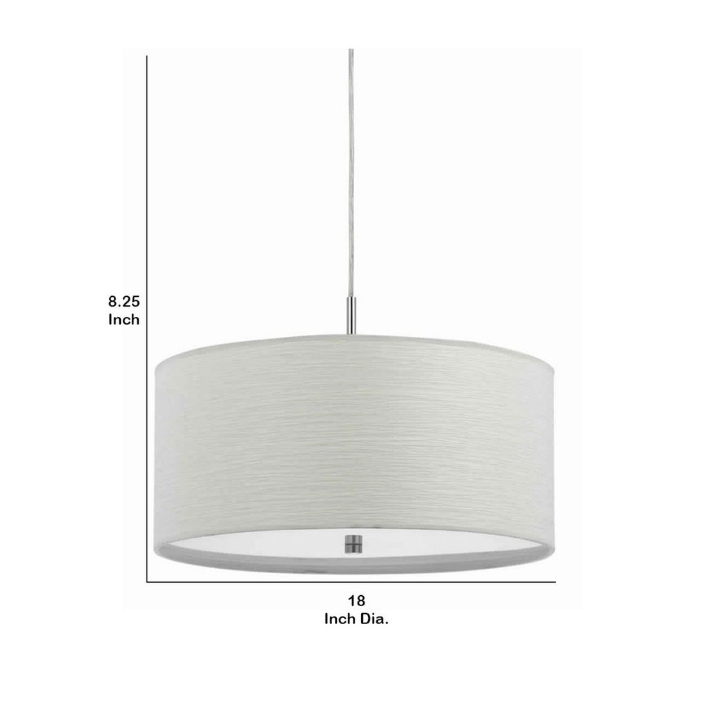 Drum Style Pendant Fixture with Fabric Shade and Brushed Details, White - View 6