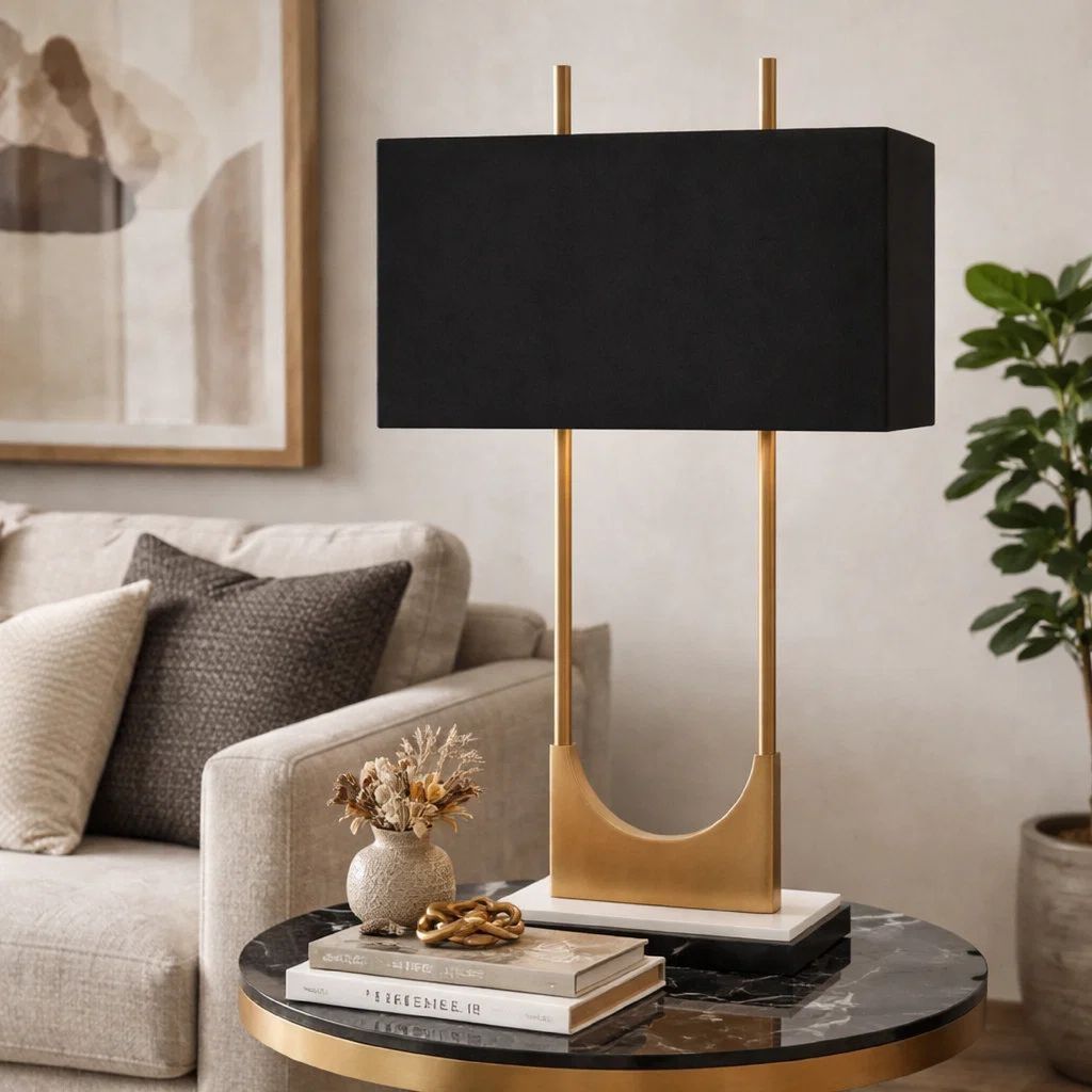 U Shaped Metal Body Table Lamp with Marble Base, Gold and Black - View 7