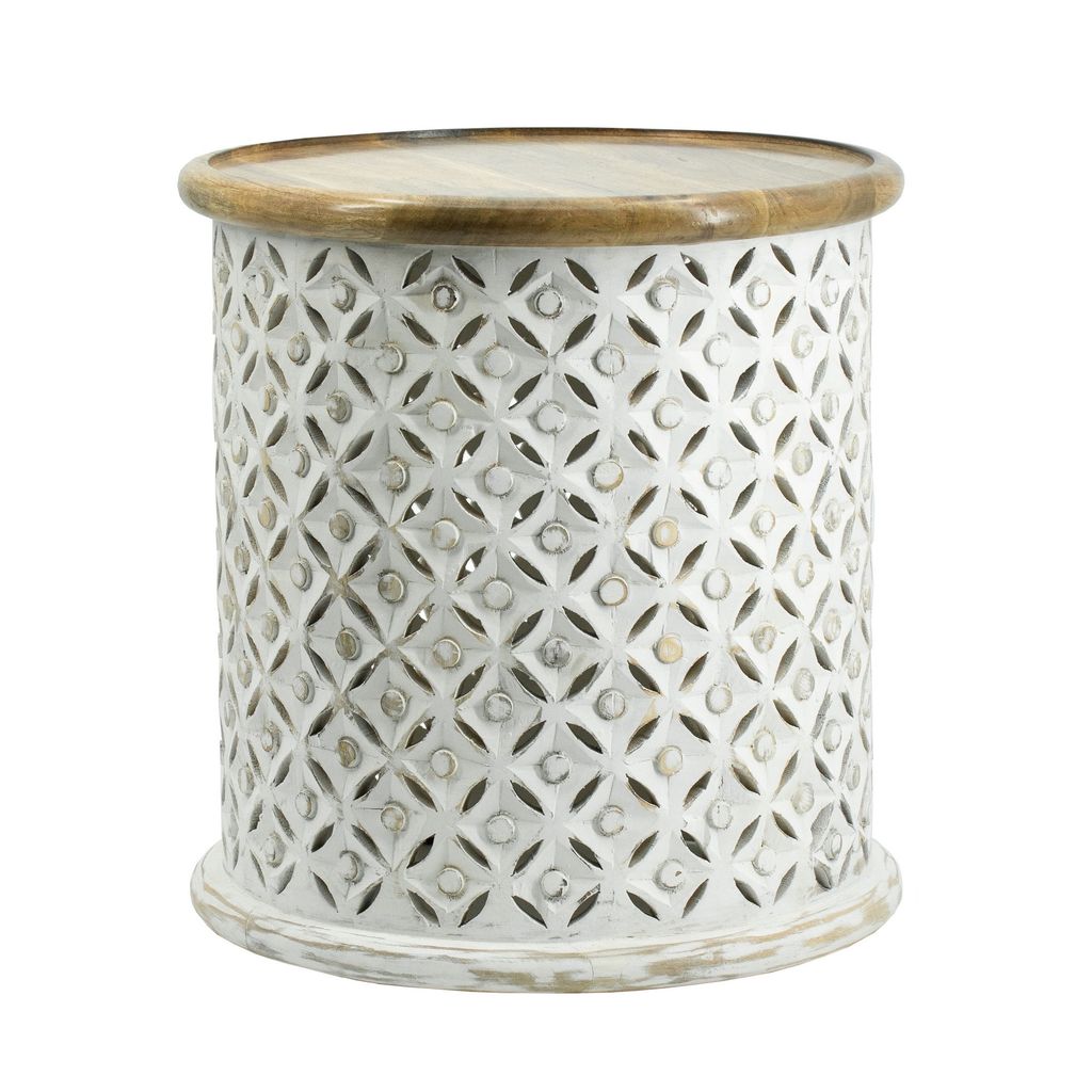 18, 16 Inch Accent Tables, Round, Mango Wood, Floral Cut Out, Brown, White - View 2