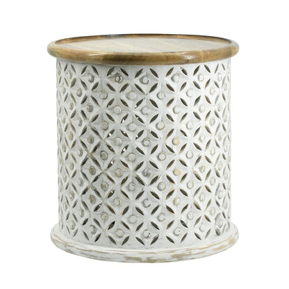 18, 16 Inch Accent Tables, Round, Mango Wood, Floral Cut Out, Brown, White - View 2