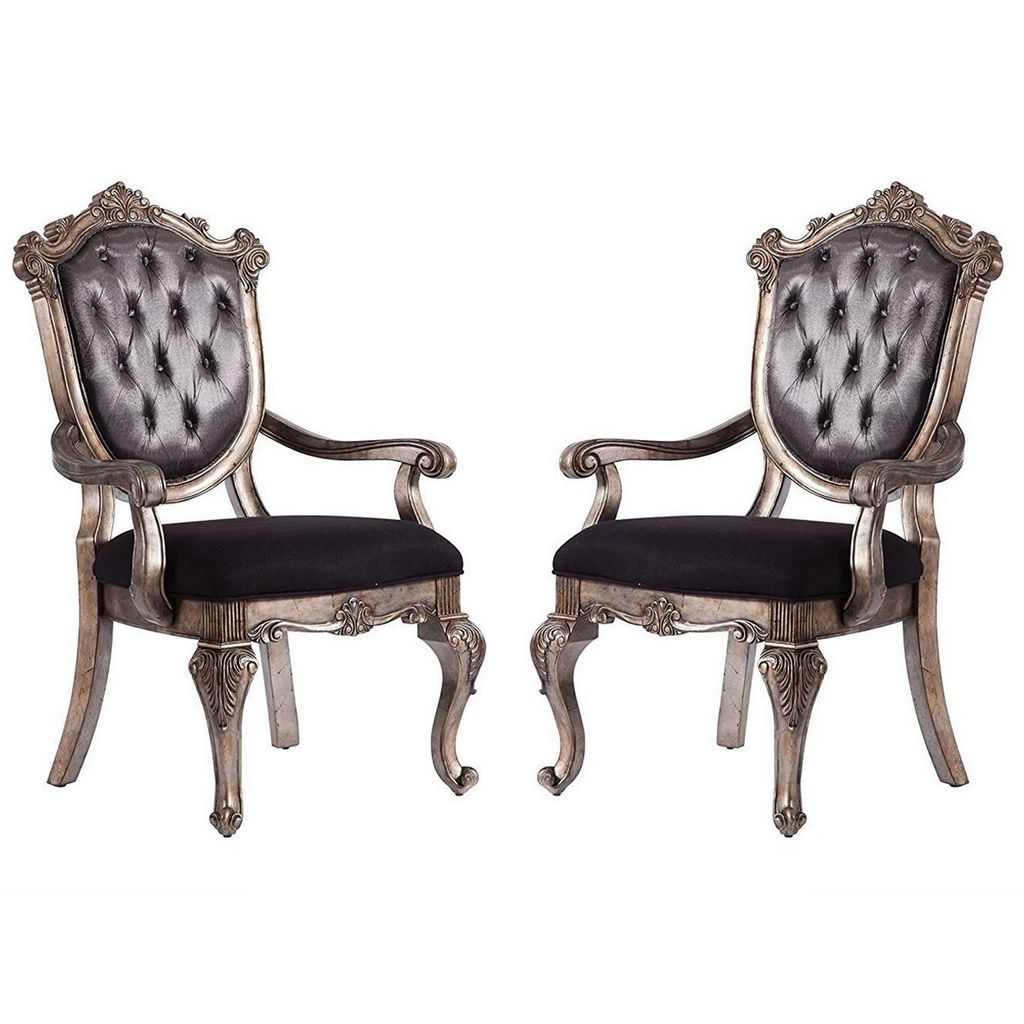 Wooden Arm Chair with Button Tufted Padded Backrest,Set of 2,Silver and Gray