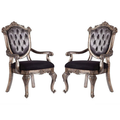 Wooden Arm Chair with Button Tufted Padded Backrest,Set of 2,Silver and Gray
