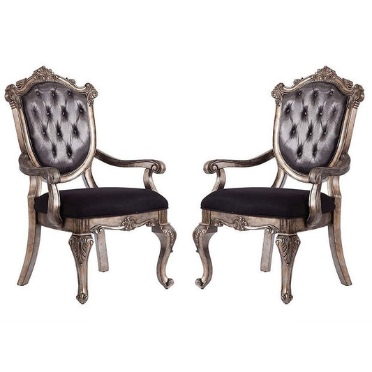Wooden Arm Chair with Button Tufted Padded Backrest,Set of 2,Silver and Gray