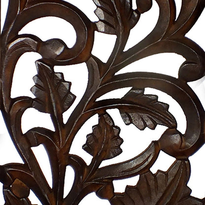 Mango Wood Wall Panel Hand Crafted with Leaves and Scroll Work Motif, Brown - View 2