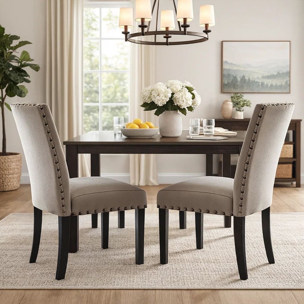 Nailhead Trim Fabric Upholstered Wooden Side Chair, Set of 2, Beige and Brown - View 7