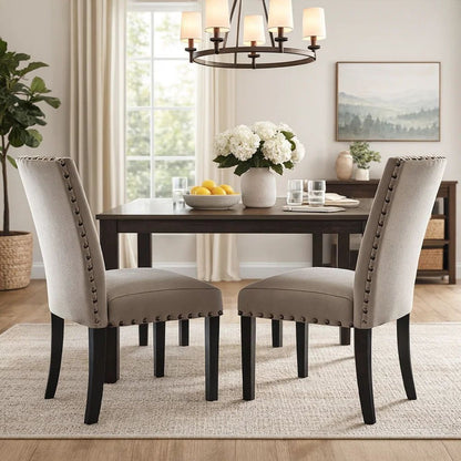 Nailhead Trim Fabric Upholstered Wooden Side Chair, Set of 2, Beige and Brown - View 7