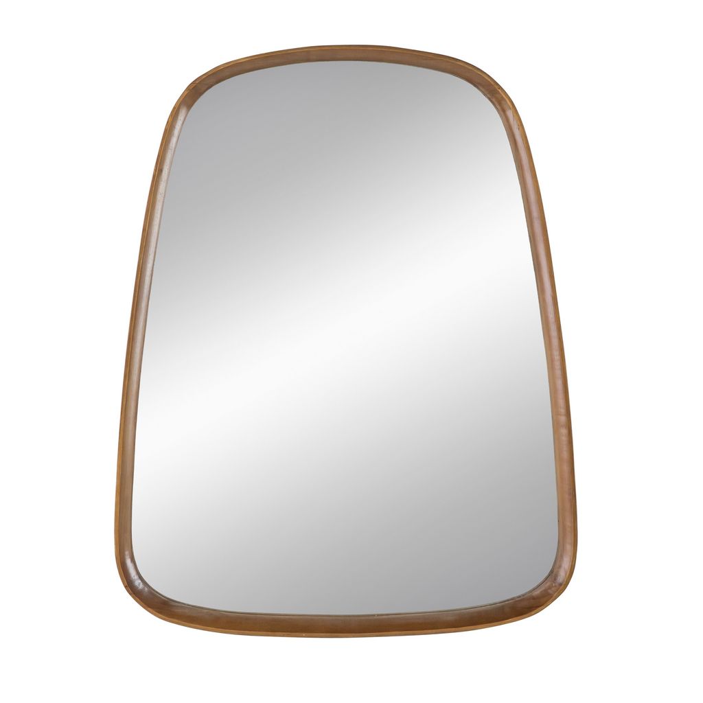 Roe 27 Inch Wall Mirror, Brown Curved Pine Wood Frame, Minimalistic