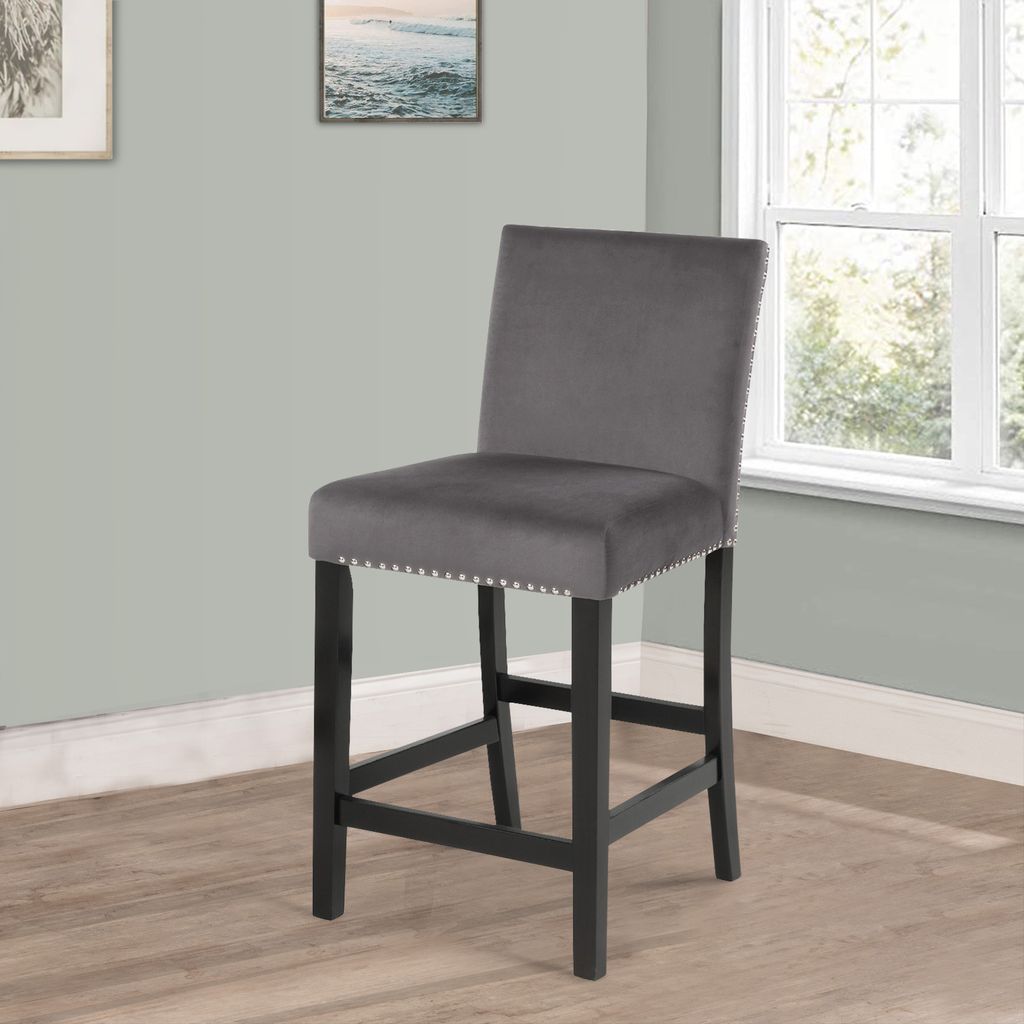 Kate 40 Inch Wooden Counter Height Chair with Velvet Seat, Set of 2, Gray - View 6