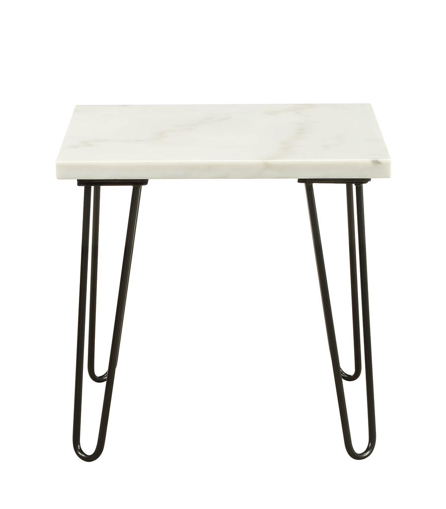 Marble Top End Table with Hairpin Style Metal Legs, White and Black - View 2