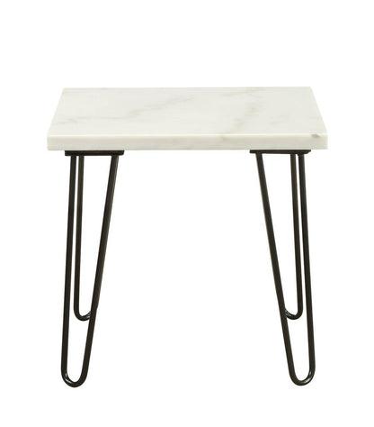 Marble Top End Table with Hairpin Style Metal Legs, White and Black - View 2