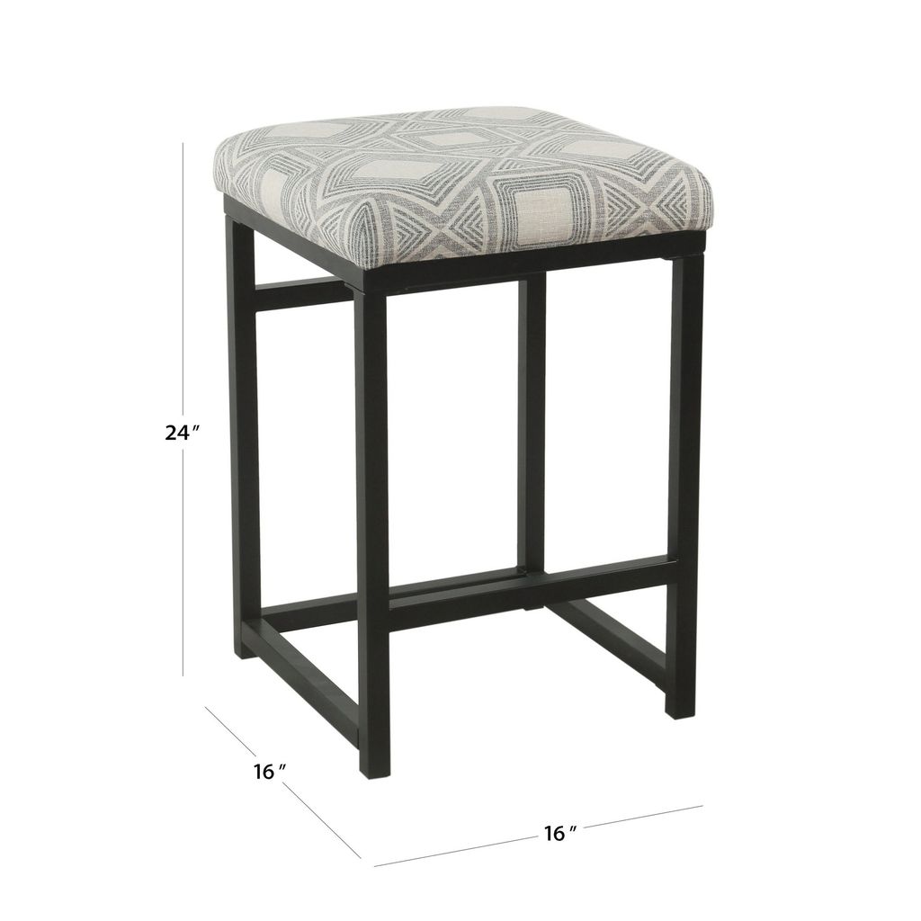 Metal Counter Stool with Geometric Pattern Fabric Upholstered Seat, Gray and Black - View 6