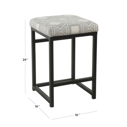 Metal Counter Stool with Geometric Pattern Fabric Upholstered Seat, Gray and Black - View 6