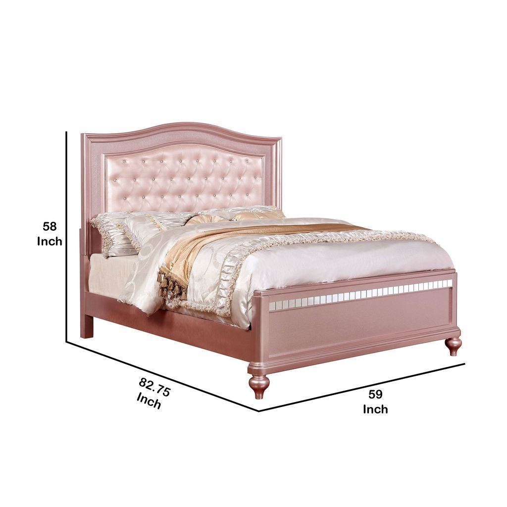 Full Size Wooden Bed With Mirror Trim Details and Camelback Headboard, Pink - View 5