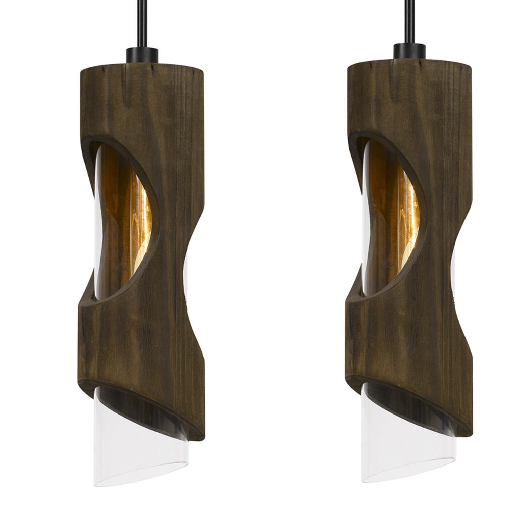 4 Light Metal Frame Pendant Fixture with Wooden and Glass Shades, Brown - View 5