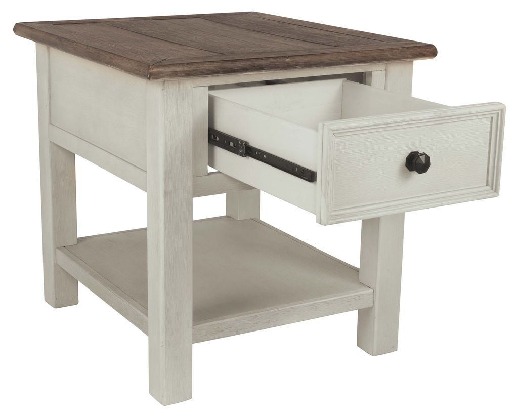 Chair Side End Table with 1 Cabinet and Pull Out Tray, White and Brown - View 3