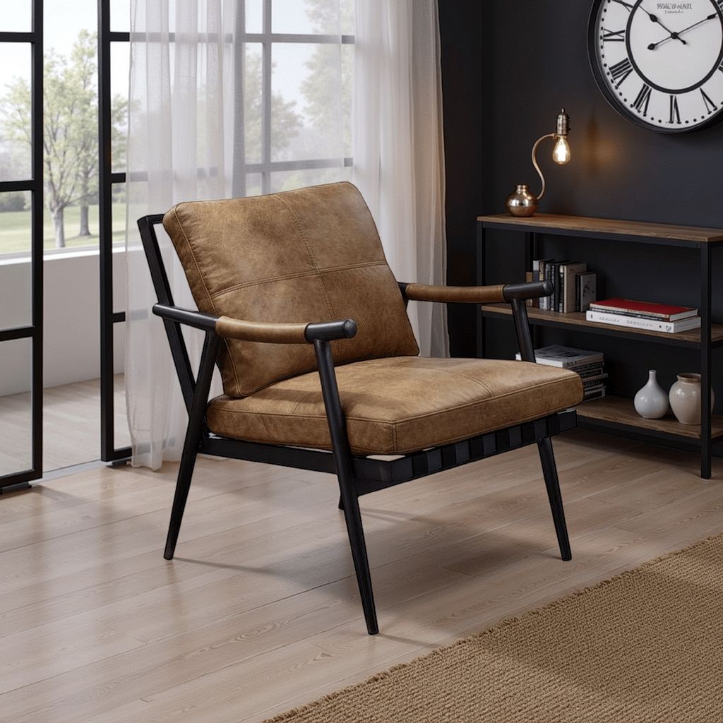Accent Chair with Leatherette Seat and Tubular Frame, Brown - View 7