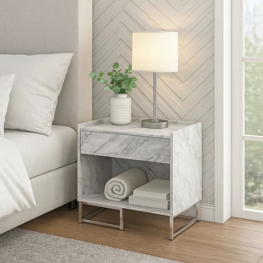Faux Marble Accent Table with Chrome Finish, White - View 7