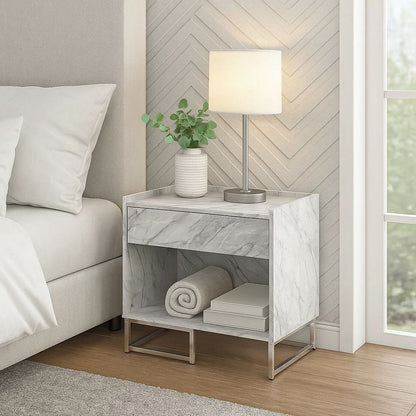 Faux Marble Accent Table with Chrome Finish, White - View 7
