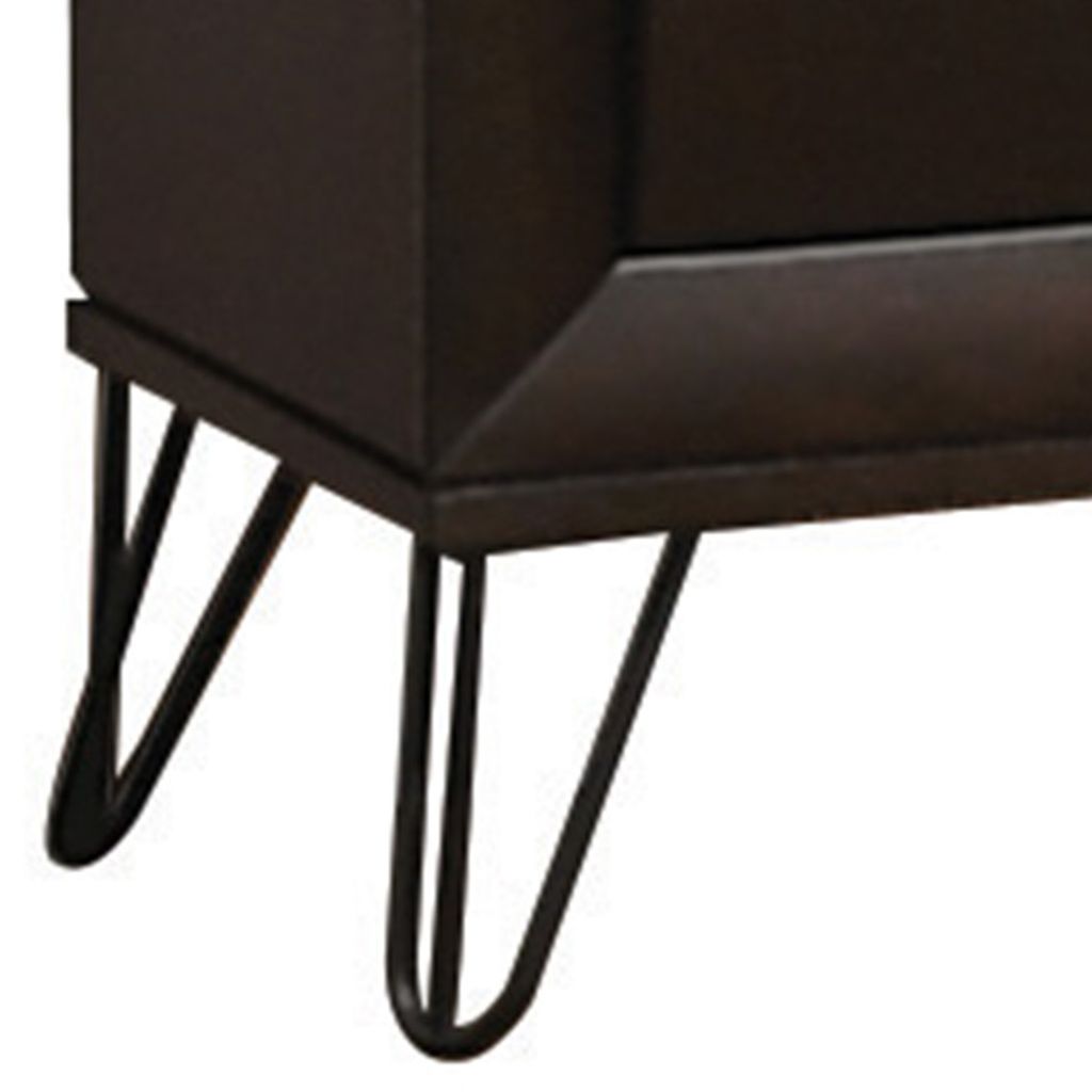 2 Drawer Wooden Nightstand with Metal Ring Handles and Harpin Legs, Brown - View 3
