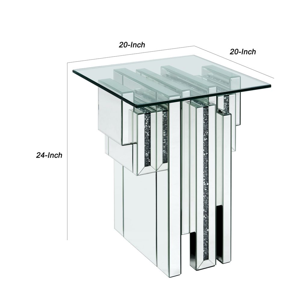 Glass Top End Table with Mirror Panels and Faux Gemstone Accents, Silver - View 5