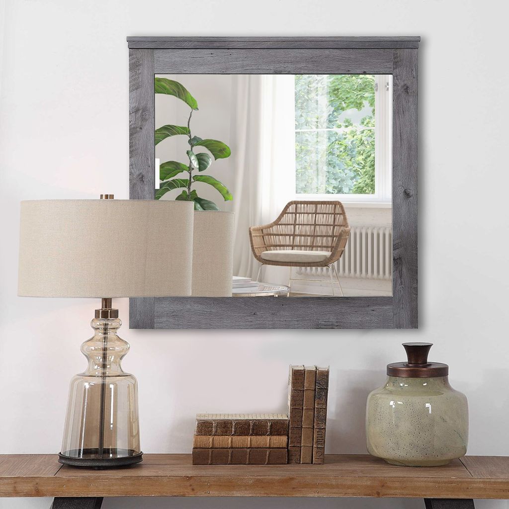 Traditional Wooden Wall Mirror with Rustic Style, Gray - View 7