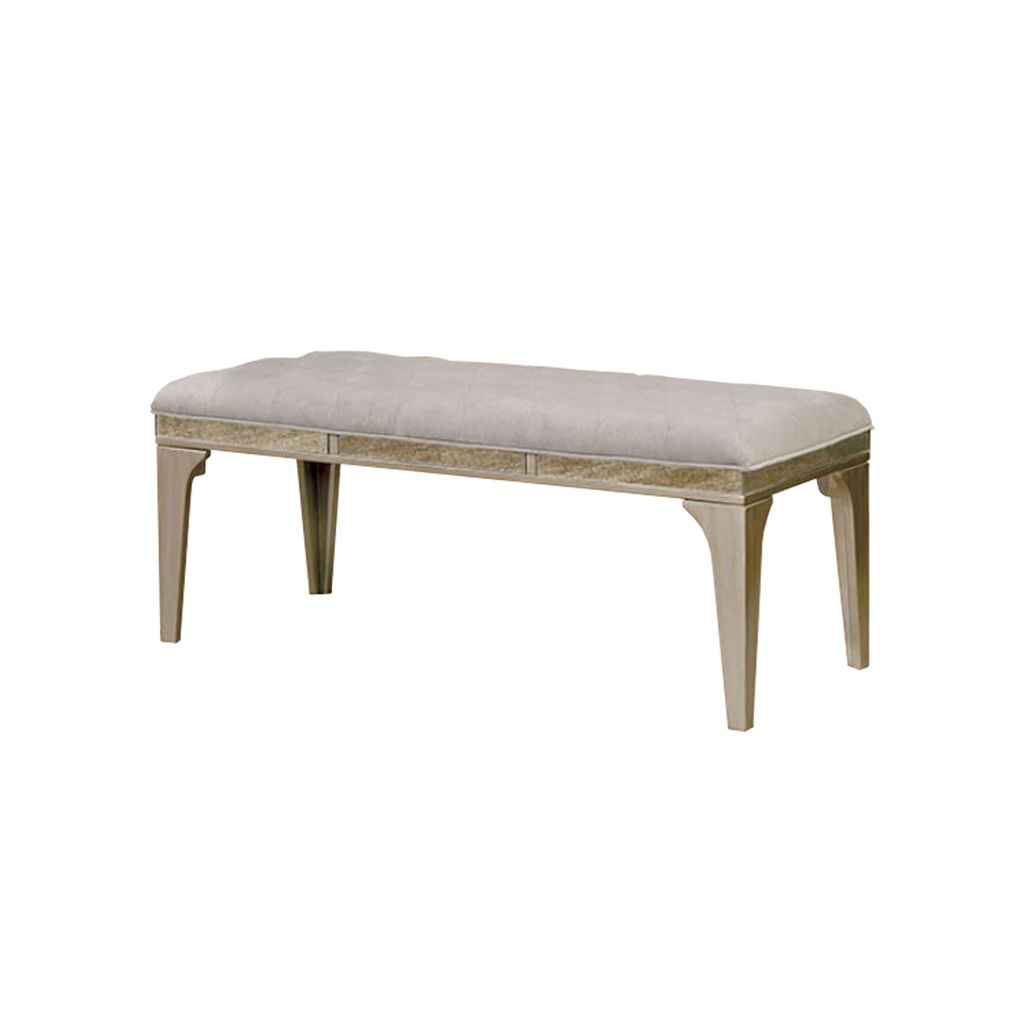 51 Inch Wood Bench, Cushioned Seat, Tapered Legs Support, Gray, Champagne Silver