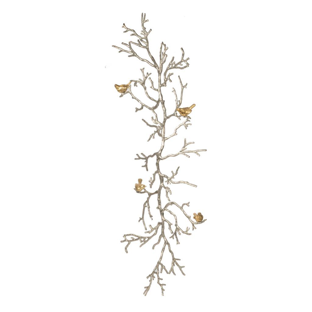 Branch Shape Aluminum Wall Decor with Gold Accented Four Birds, Silver - View 2