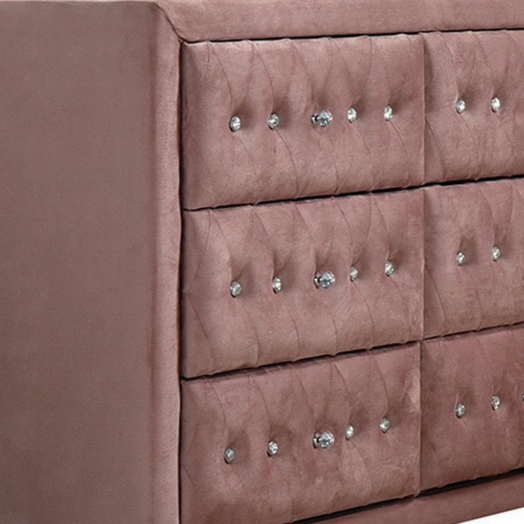 Rex 40 Inch Modern Upholstered Dresser, 6 Drawers, Crystal Handles, Pink - View 2