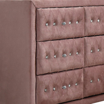 Rex 40 Inch Modern Upholstered Dresser, 6 Drawers, Crystal Handles, Pink - View 2
