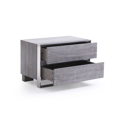 2 Drawer Rectangular Nightstand with Stainless Steel Legs, Gray - View 3