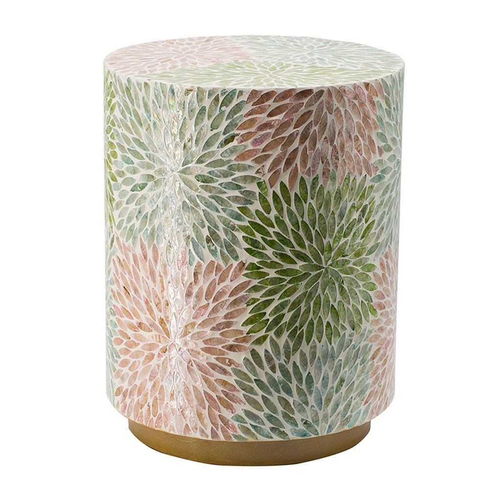 14 Inch Cylindrical Capiz Shell Accent Table Stool, Elegant Leaves Pattern - View 2