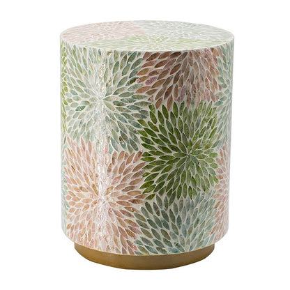 14 Inch Cylindrical Capiz Shell Accent Table Stool, Elegant Leaves Pattern - View 2