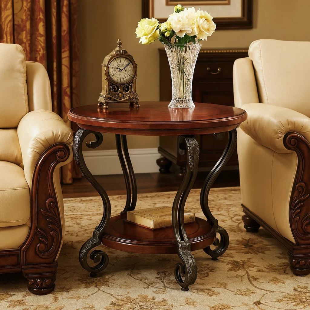 Round Wood and Metal End Table with Scroll Details, Brown - View 7