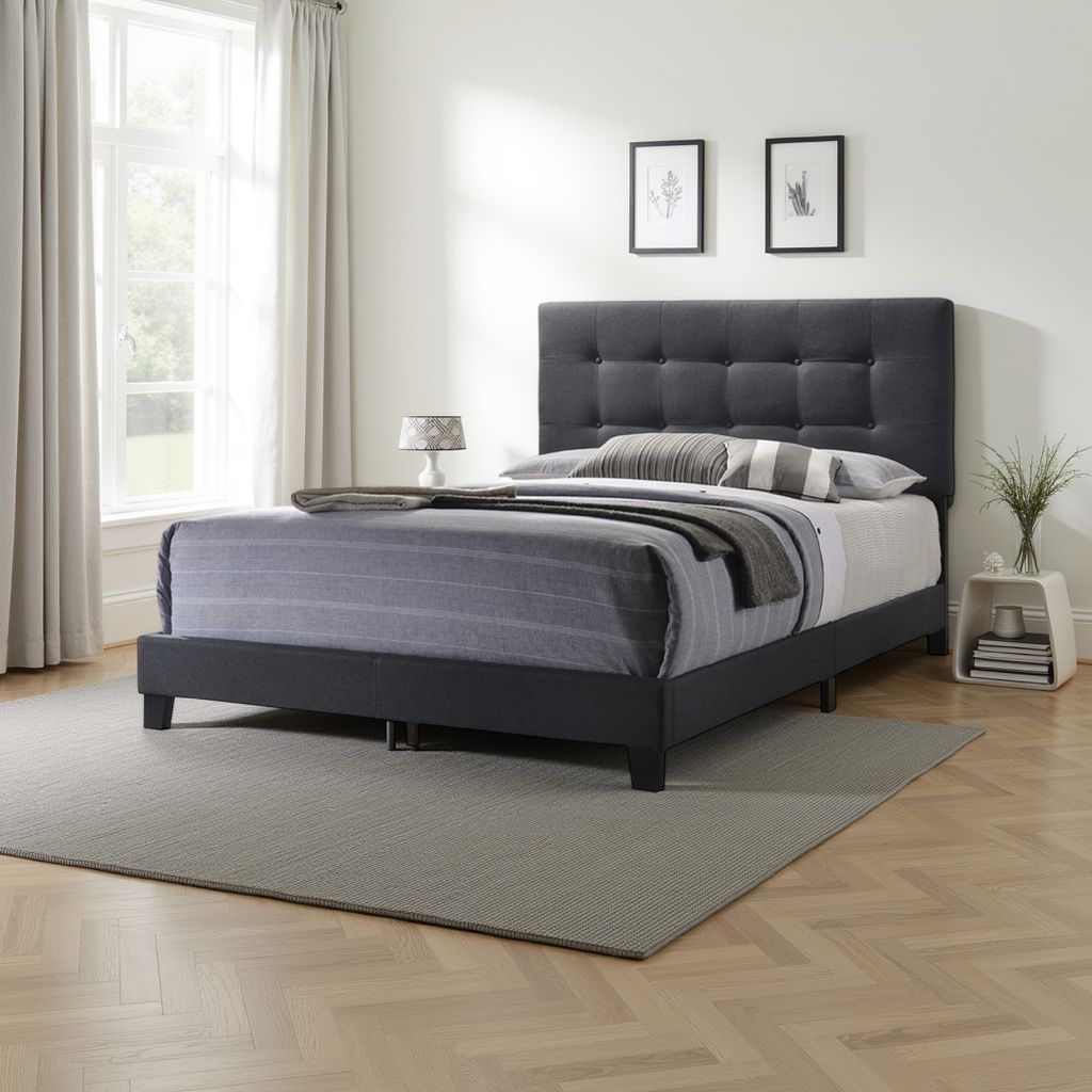 Queen Size Bed with Square Button Tufted Headboard, Dark Gray - View 7