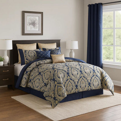 Nova 9 Piece Polyester Queen Comforter Set, Gold Damask Print, Navy Blue - View 7