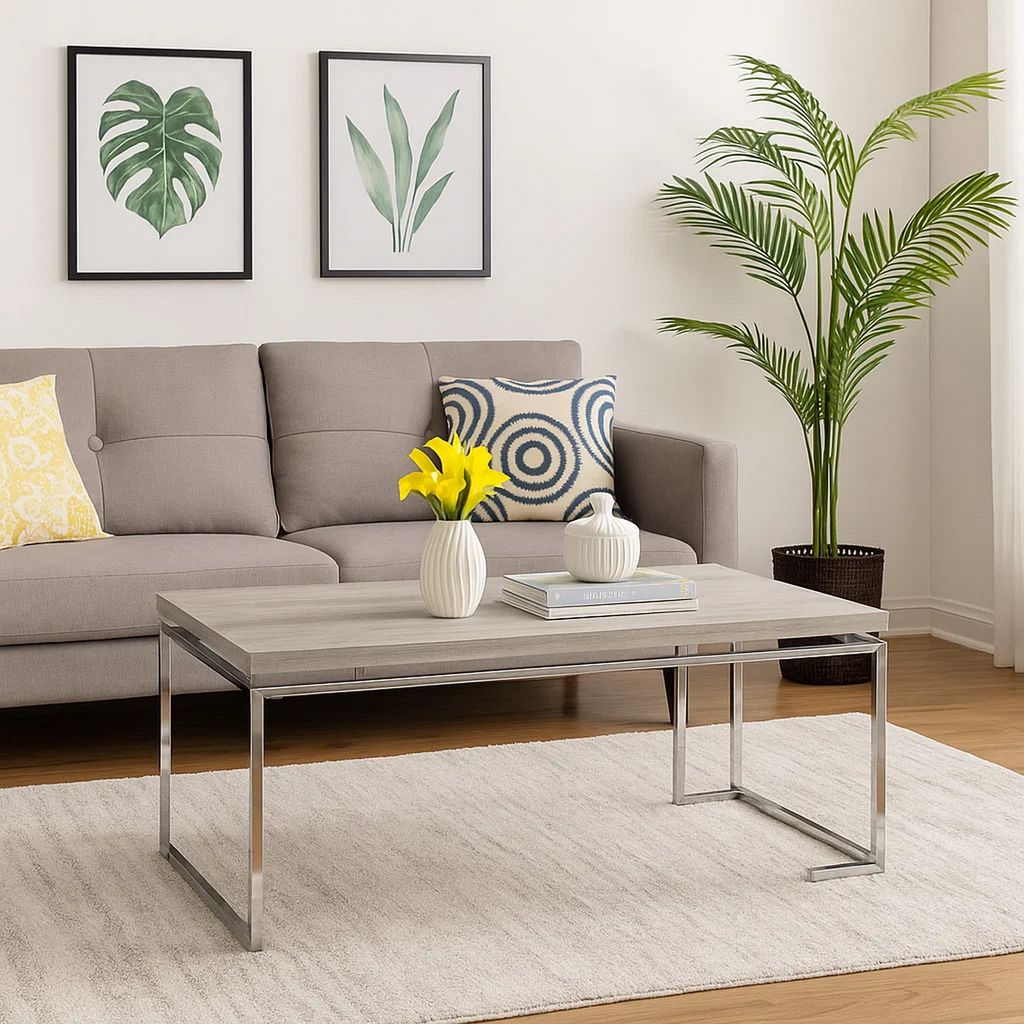 Coffee Table with Rectangular Tabletop and Metal Legs, Silver and Brown - View 7