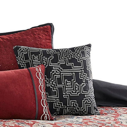 9 Piece Queen Size Comforter Set with Medallion Print, Red and Blue - View 5