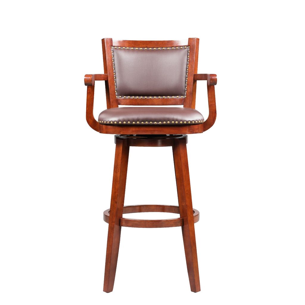 Hugo 34 Inch Swivel Barstool, Wood, Open Rolled Arms, Bonded Leather, Brown - View 3