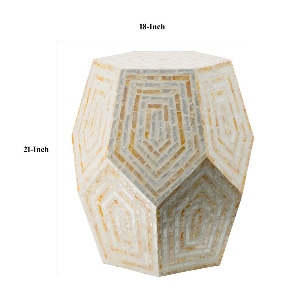 21 Inch Capiz Accent Stool Table, Hexagonal Drum, Angled Look, Beige White - View 5