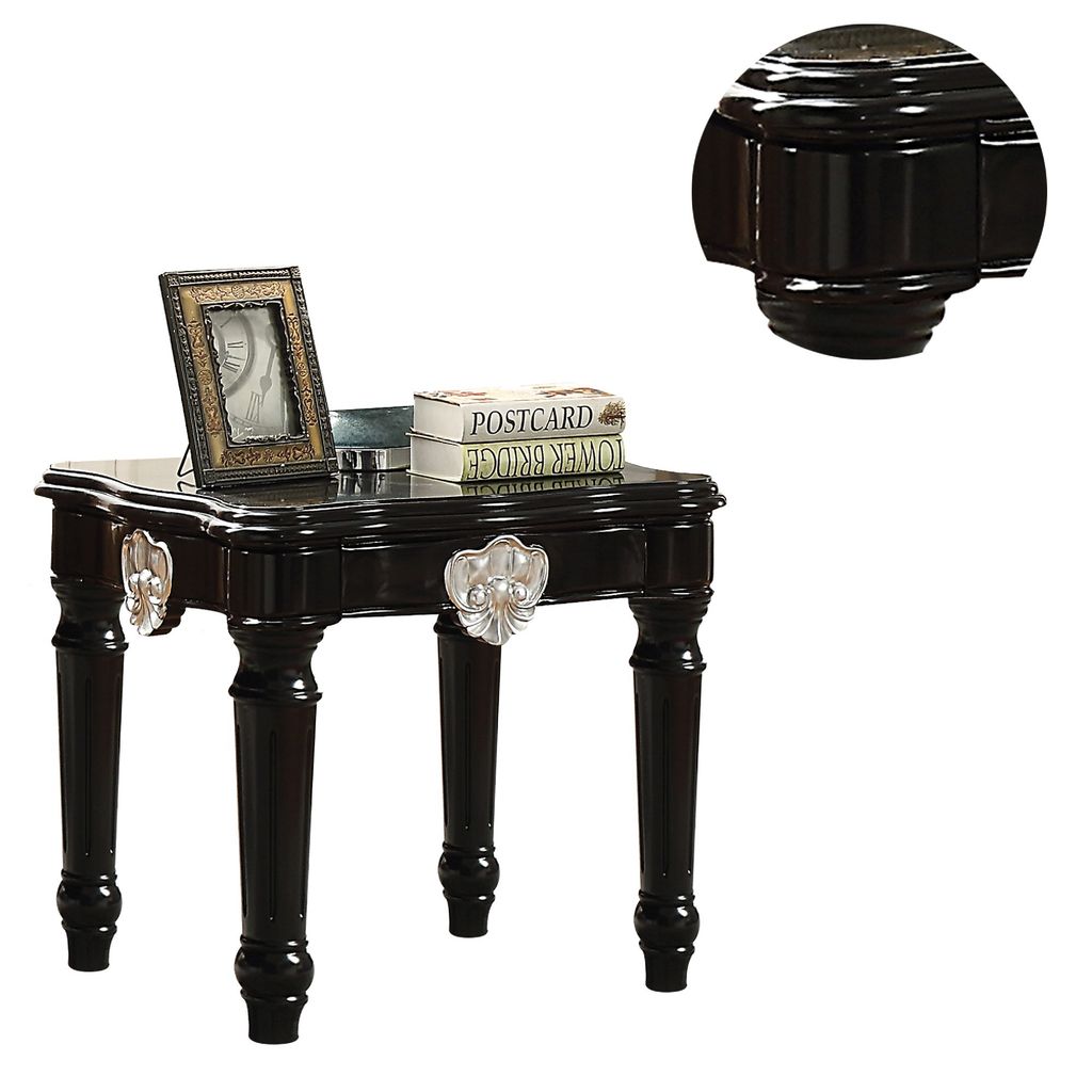 Wooden End Table With Contrast Carved Motif Turned Legs, Black - View 3