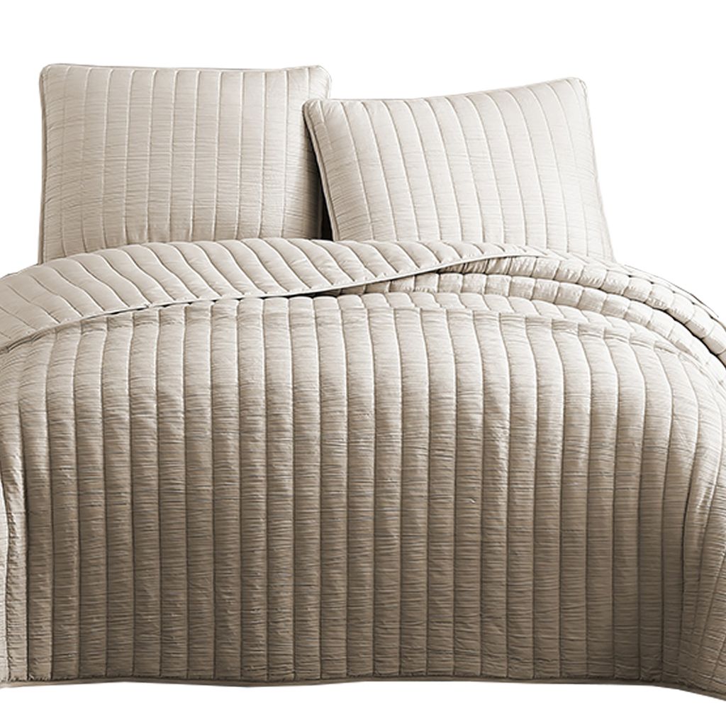 3 Piece Crinkles King Size Coverlet Set with Vertical Stitching, Brown - View 2