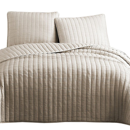 3 Piece Crinkles King Size Coverlet Set with Vertical Stitching, Brown - View 2