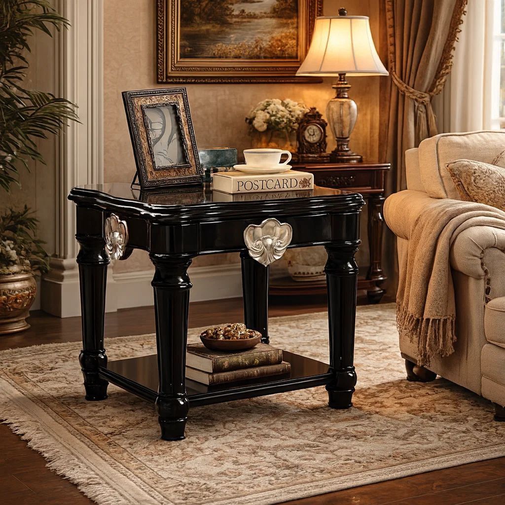 Wooden End Table With Contrast Carved Motif Turned Legs, Black - View 7