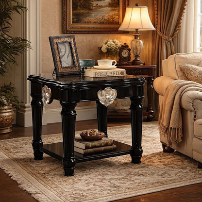 Wooden End Table With Contrast Carved Motif Turned Legs, Black - View 7